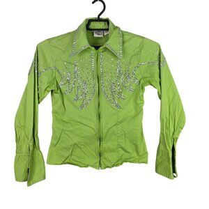 Womens Rods Green Rhinestone Western Shirt Full Zip Long Sleeve Cotton Size L